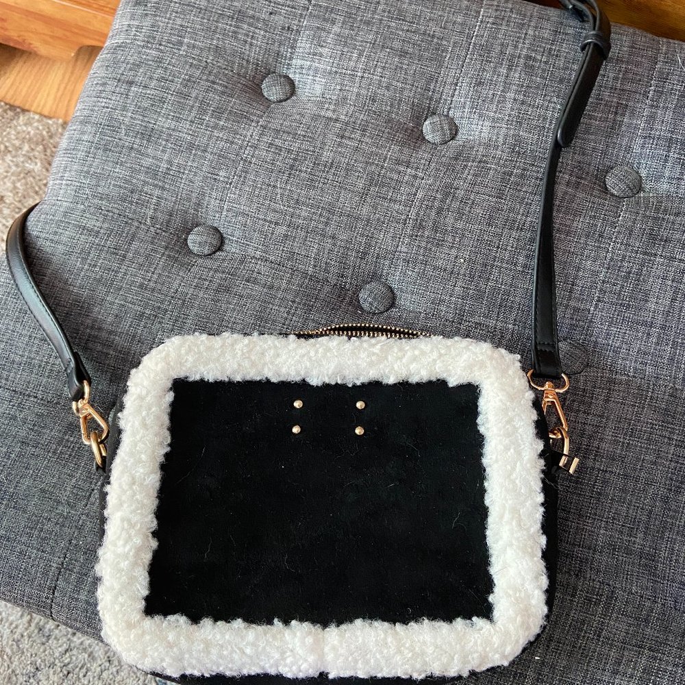 Bearpaw Crossbody in Faux Suede and Sherpa Black and White